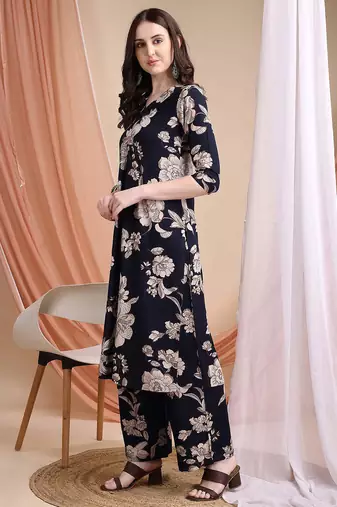 Navy-blue rayon floral print ethnic kurta palazzo set