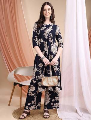 Navy-blue rayon floral print ethnic kurta palazzo set 5