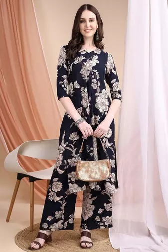 Navy-blue rayon floral print ethnic kurta palazzo set