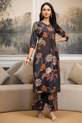 Multicolor silk blend floral print ethnic kurta palazzo set