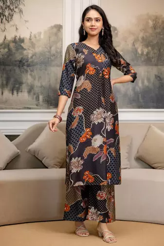 Multicolor silk blend floral print ethnic kurta palazzo set