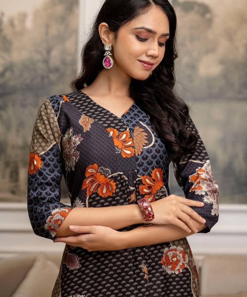 Multicolor silk blend floral print ethnic kurta palazzo set