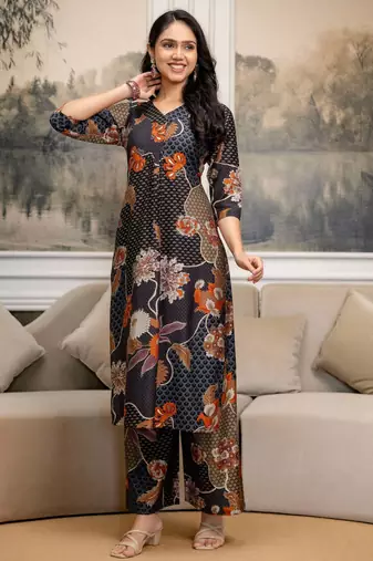 Multicolor silk blend floral print ethnic kurta palazzo set