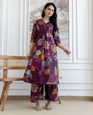 Purple silk blend floral print ethnic kurta palazzo set 1