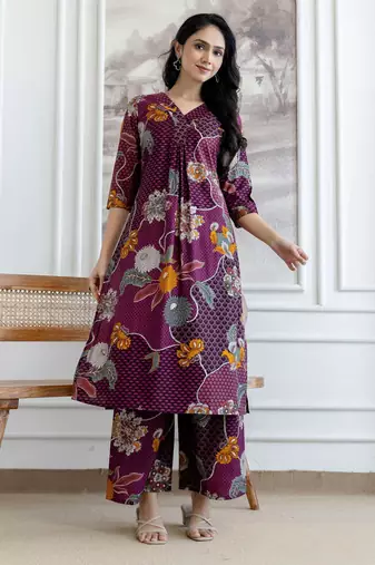 Purple silk blend floral print ethnic kurta palazzo set