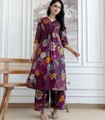 Purple silk blend floral print ethnic kurta palazzo set