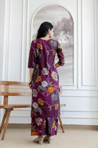 Purple silk blend floral print ethnic kurta palazzo set