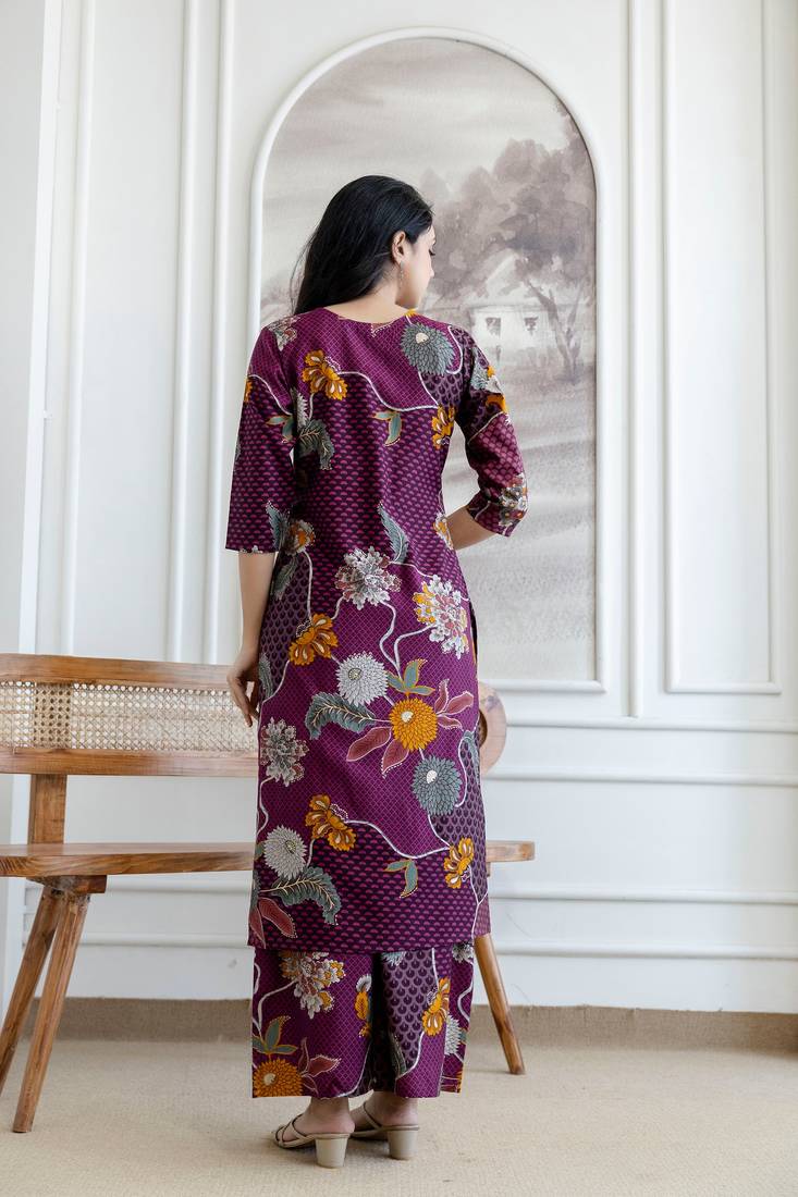 Purple silk blend floral print ethnic kurta palazzo set