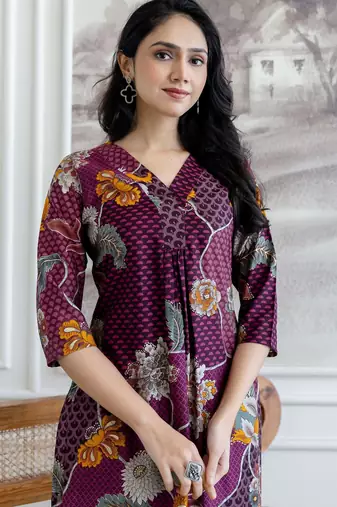 Purple silk blend floral print ethnic kurta palazzo set