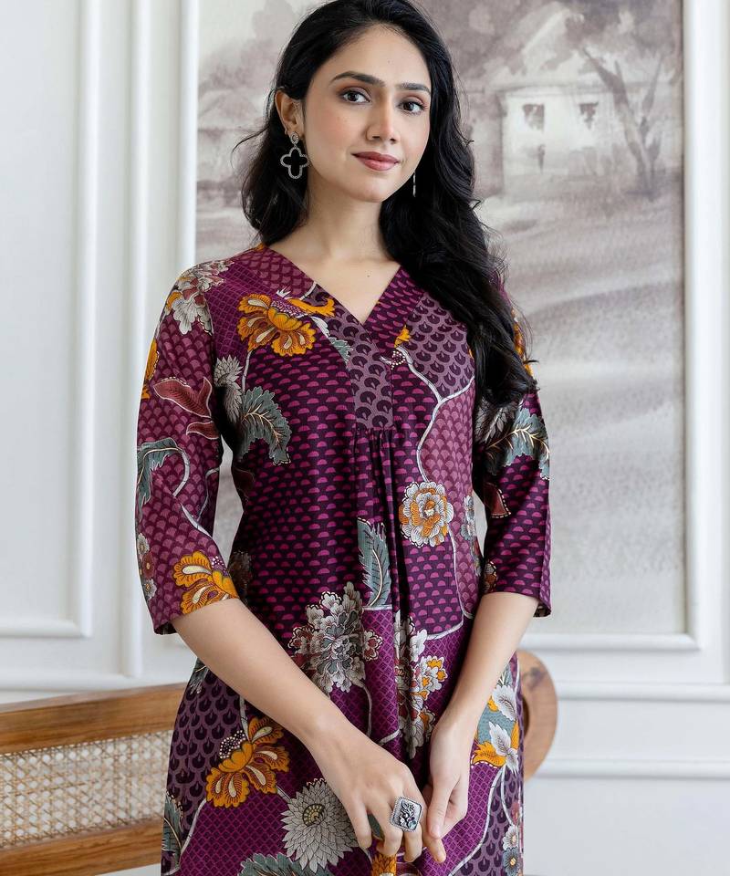 Purple silk blend floral print ethnic kurta palazzo set