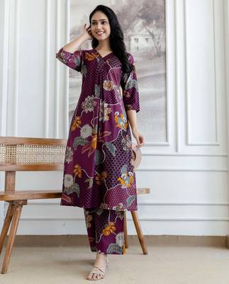 Purple silk blend floral print ethnic kurta palazzo set 4