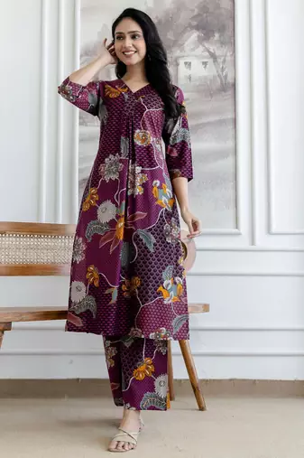 Purple silk blend floral print ethnic kurta palazzo set