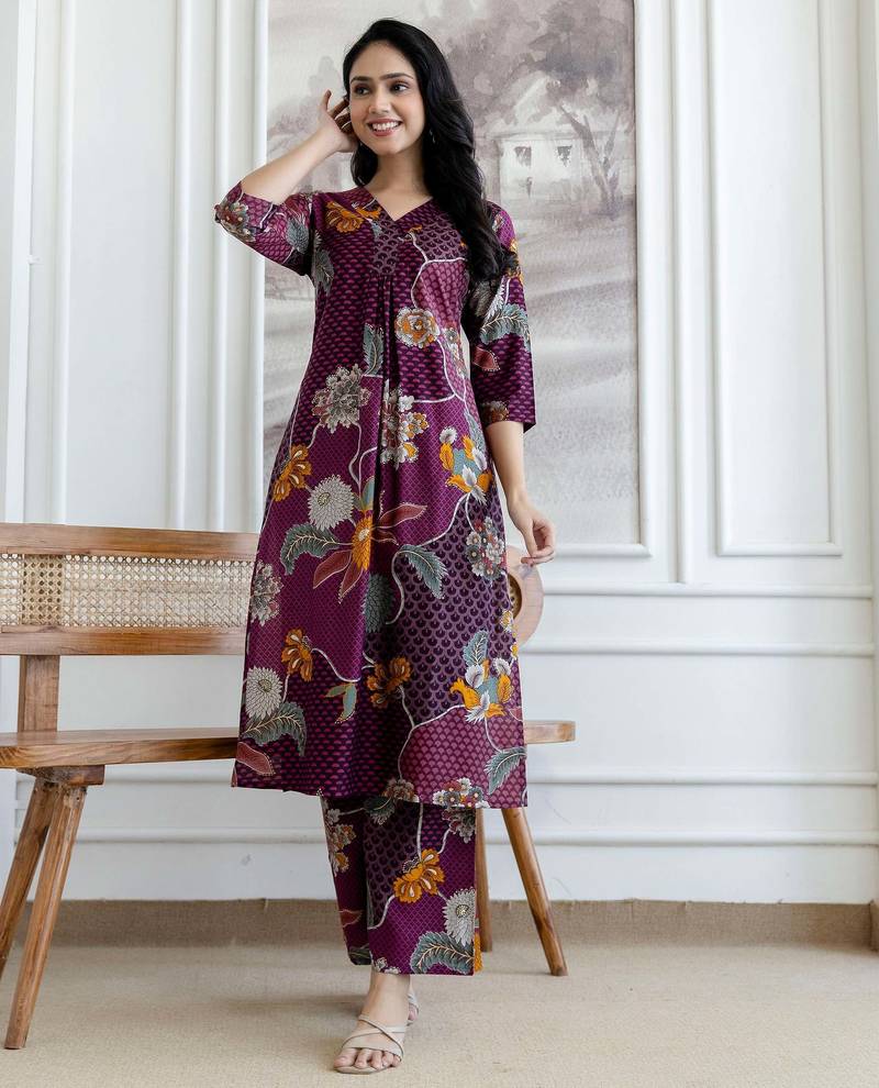 Purple silk blend floral print ethnic kurta palazzo set