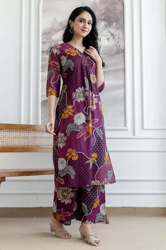 Purple silk blend floral print ethnic kurta palazzo set