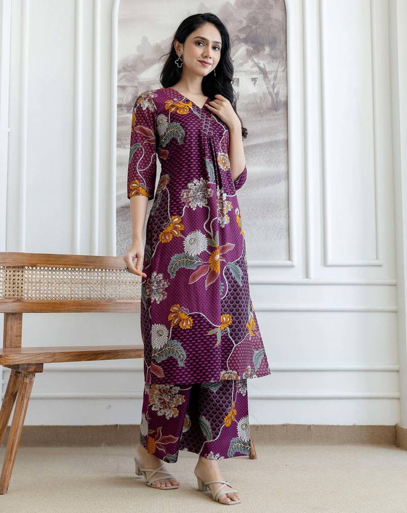 Purple silk blend floral print ethnic kurta palazzo set