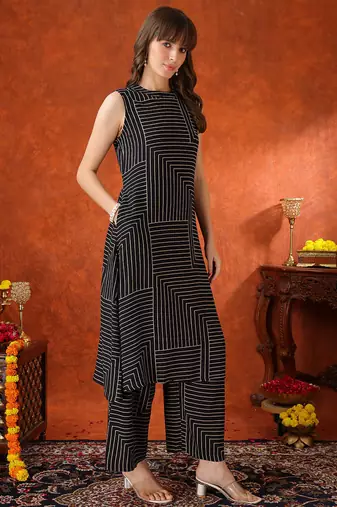Black rayon geometric print ethnic kurta palazzo set