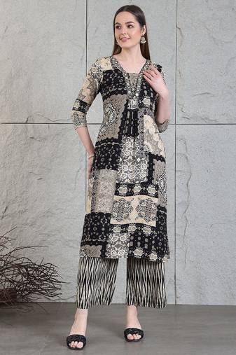 Black rayon geometric print ethnic kurta palazzo set