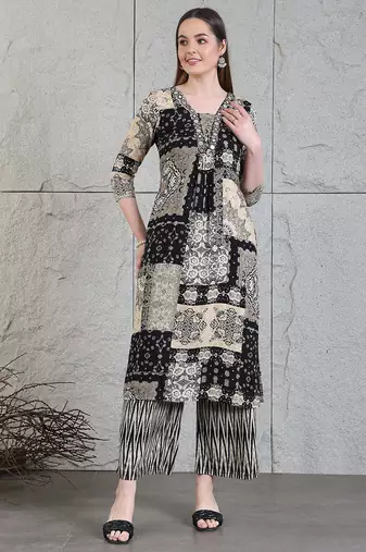 Black rayon geometric print ethnic kurta palazzo set