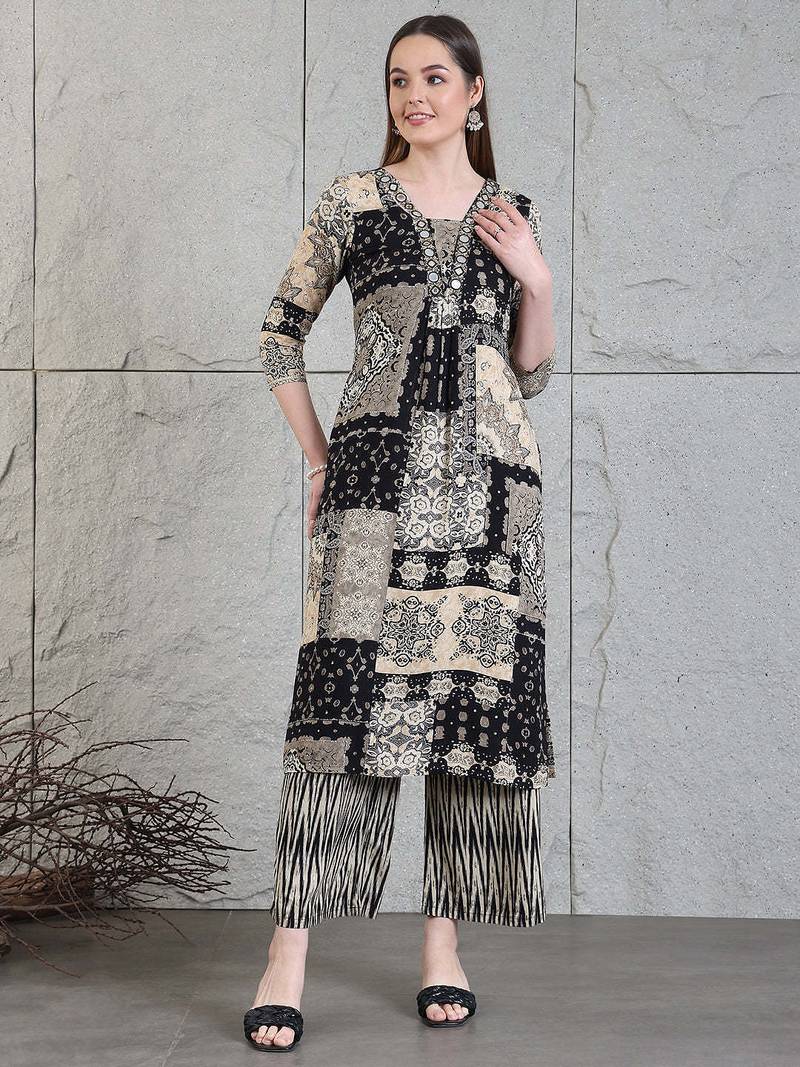 Black rayon geometric print ethnic kurta palazzo set