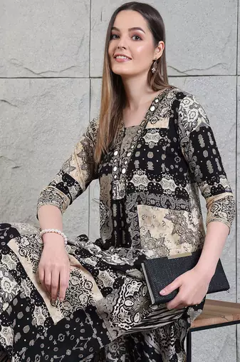 Black rayon geometric print ethnic kurta palazzo set