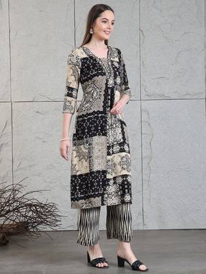 Black rayon geometric print ethnic kurta palazzo set 4
