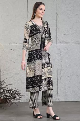 Black rayon geometric print ethnic kurta palazzo set