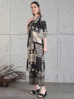 Black rayon geometric print ethnic kurta palazzo set 5