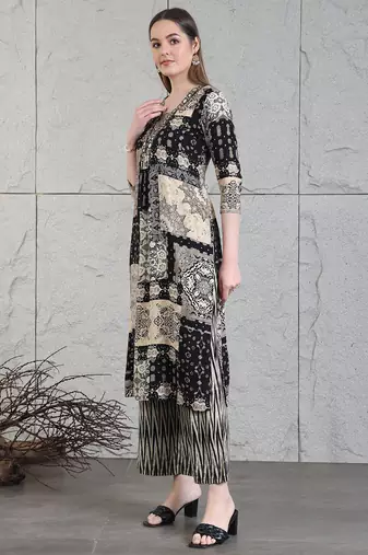 Black rayon geometric print ethnic kurta palazzo set