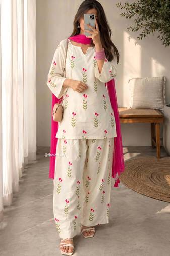 Cotton Short Kurti With Farsi Salwar And Dupatta Sets