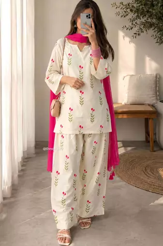 Cotton Short Kurti With Farsi Salwar And Dupatta Sets