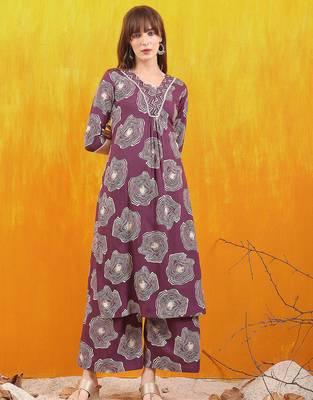 Lavender rayon geometric print ethnic kurta palazzo set 1
