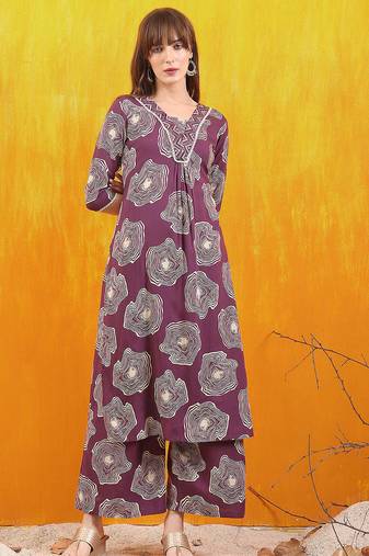 Lavender rayon geometric print ethnic kurta palazzo set
