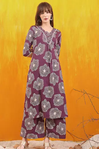 Lavender rayon geometric print ethnic kurta palazzo set