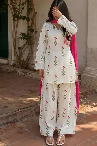Cotton Short Kurti With Farsi Salwar And Dupatta Sets