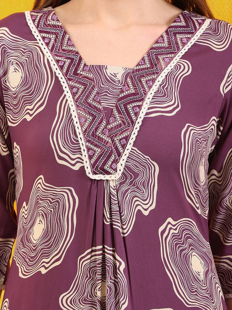 Lavender rayon geometric print ethnic kurta palazzo set
