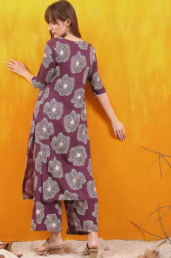 Lavender rayon geometric print ethnic kurta palazzo set