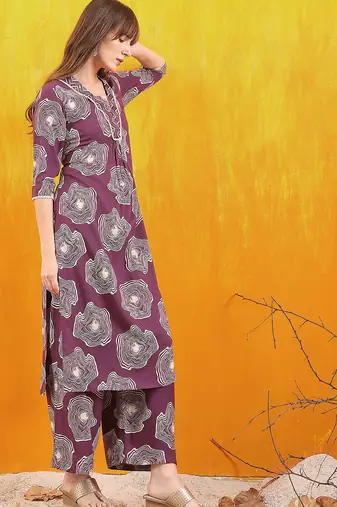 Lavender rayon geometric print ethnic kurta palazzo set