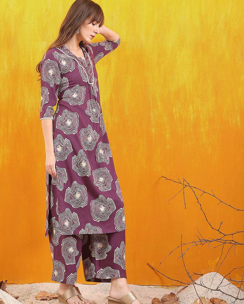 Lavender rayon geometric print ethnic kurta palazzo set