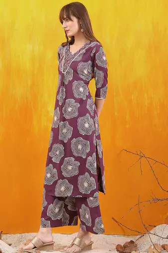 Lavender rayon geometric print ethnic kurta palazzo set