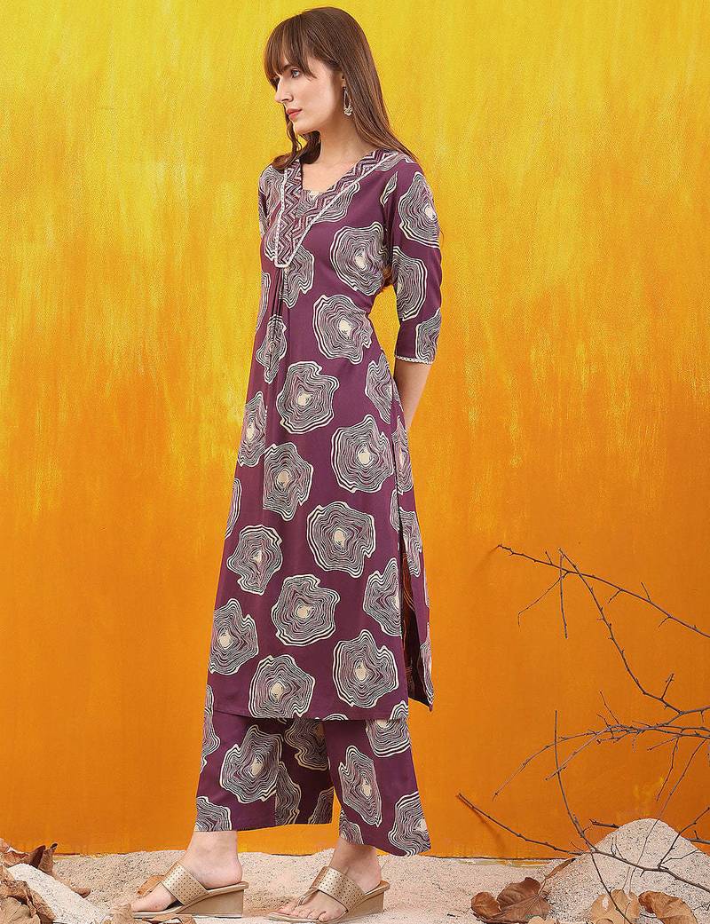Lavender rayon geometric print ethnic kurta palazzo set