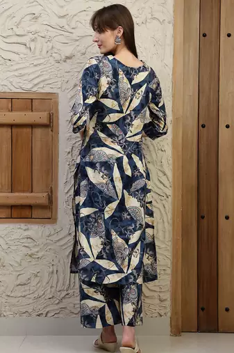 Navy-blue rayon floral print ethnic kurta palazzo set