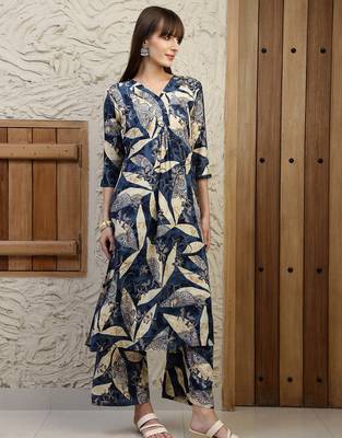 Navy-blue rayon floral print ethnic kurta palazzo set 4