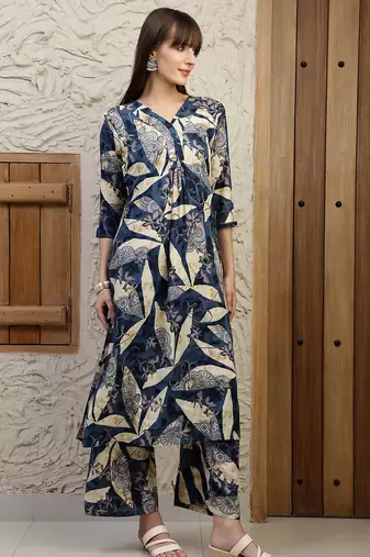 Navy-blue rayon floral print ethnic kurta palazzo set