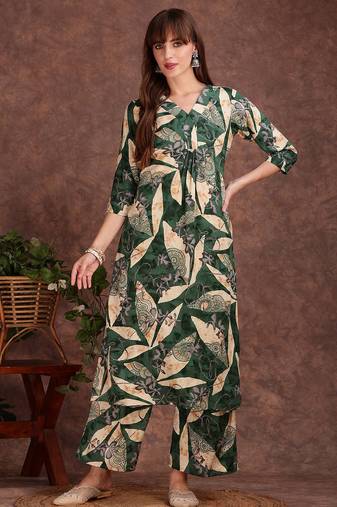 Green rayon floral print ethnic kurta palazzo set