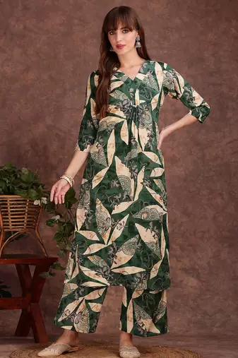 Green rayon floral print ethnic kurta palazzo set