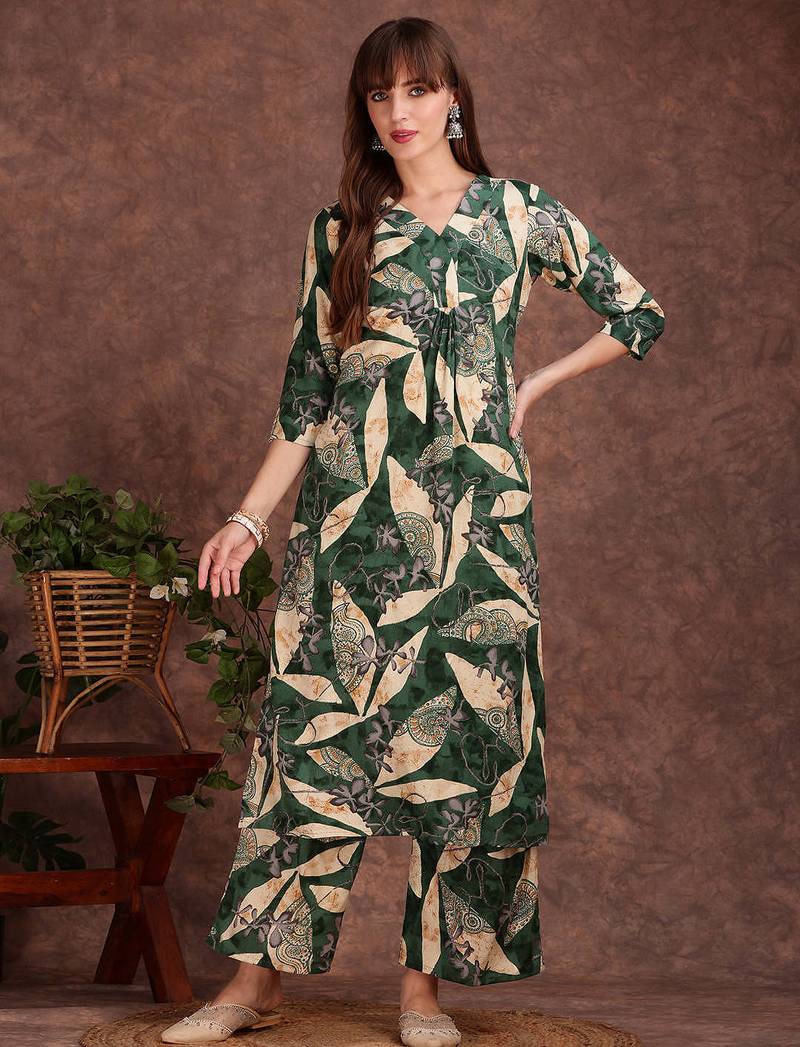 Green rayon floral print ethnic kurta palazzo set