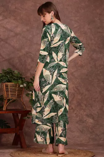 Green rayon floral print ethnic kurta palazzo set