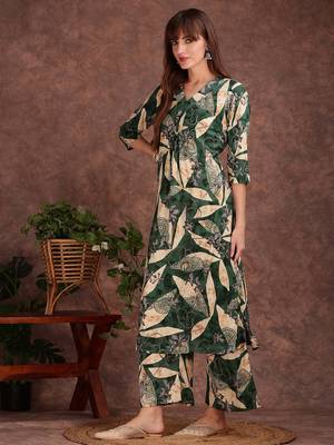 Green rayon floral print ethnic kurta palazzo set 5
