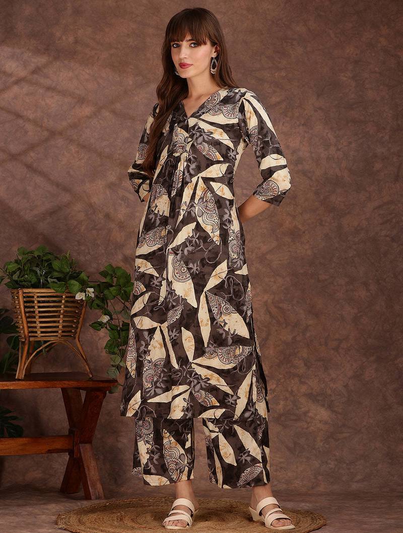 Grey rayon floral print ethnic kurta palazzo set