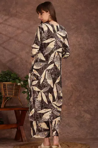 Grey rayon floral print ethnic kurta palazzo set